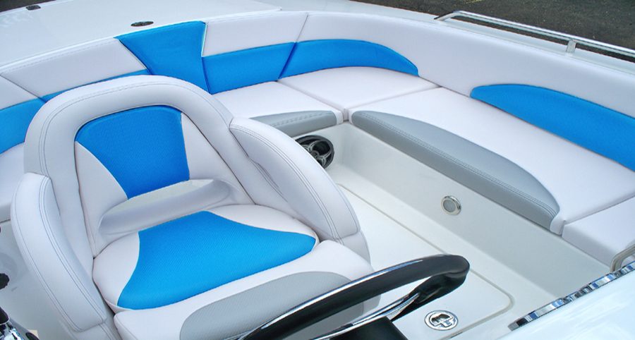 Ski boat seating in white, grey and bright blue vinyl